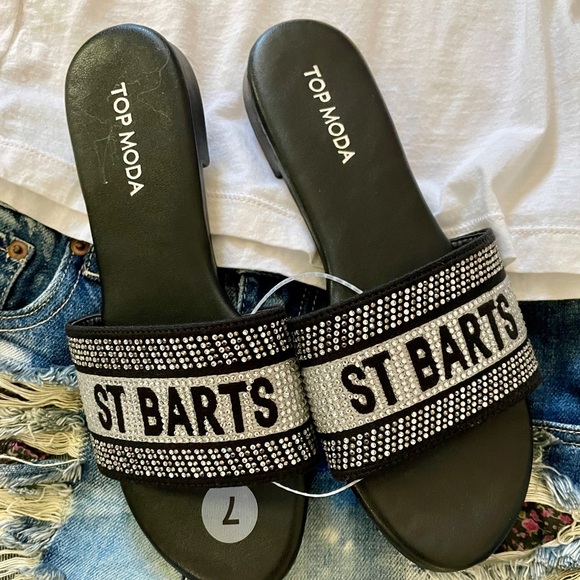 Chic Top Moda NWT Rhinestone ST. BARTS Slip-On Flat SANDALS size 7 - Picture 5 of 10